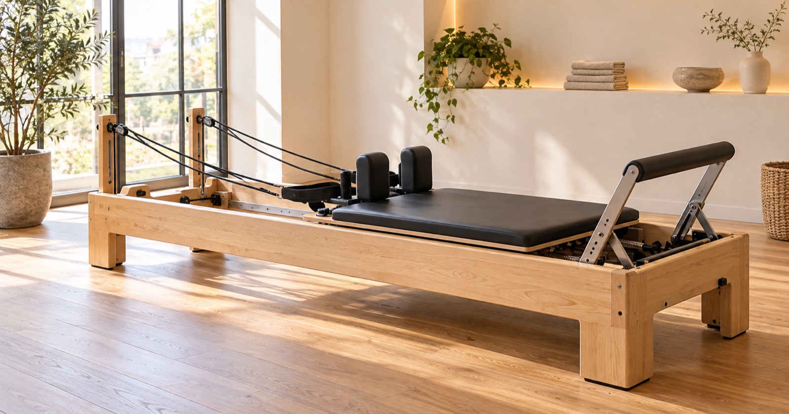 Attrezzo Pilates Reformer in uno studio luminoso senza persone.