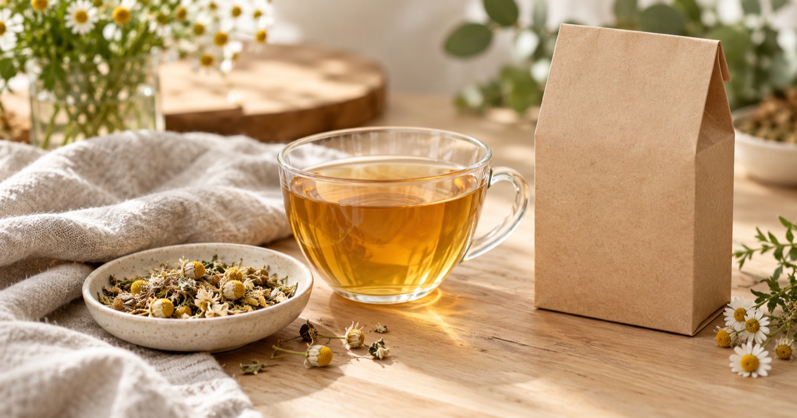 Tazza di infuso accanto a erbe essiccate e a una confezione neutra su un tavolo.